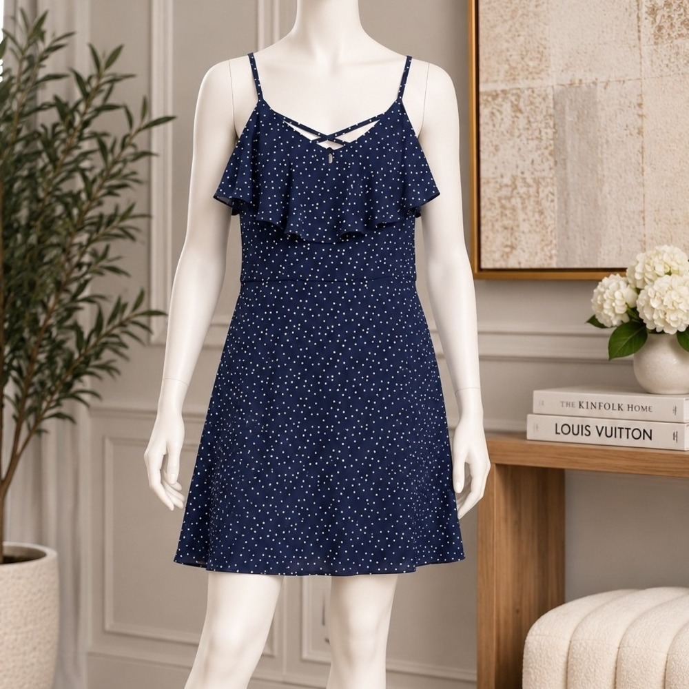 Three Pink Hearts Women Dress Navy Blue Polka Dot Ruffle Strappy Size XL